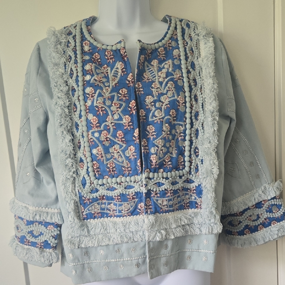 Indigo Red and Blue Bomber Jacket with Embroidery